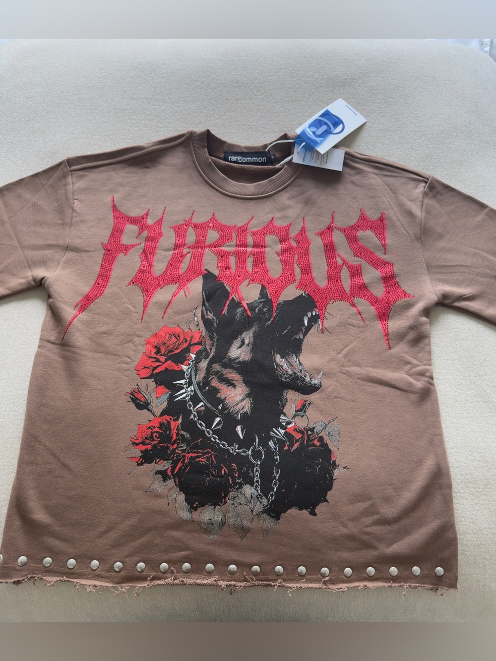 Rare common Brown 'Furious' Graphic Tee with Stud Detail